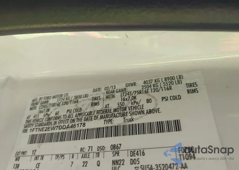 2013 Ford Econoline E250 Van из США, поврежденный, VIN 1FTNE2EW7DDA46178